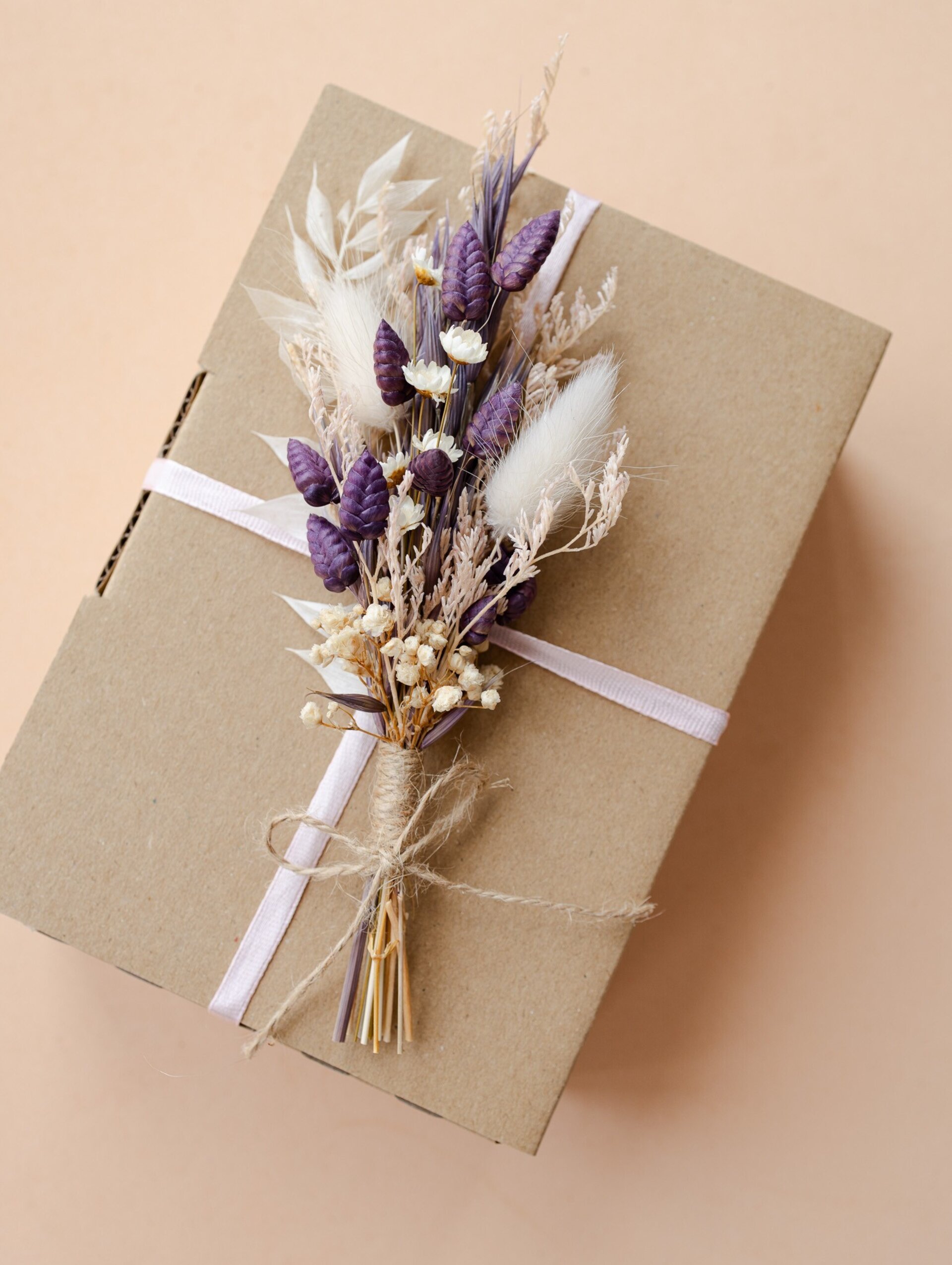 Ramillete de flores secas y preservadas 18 cm morado y rosa - 7